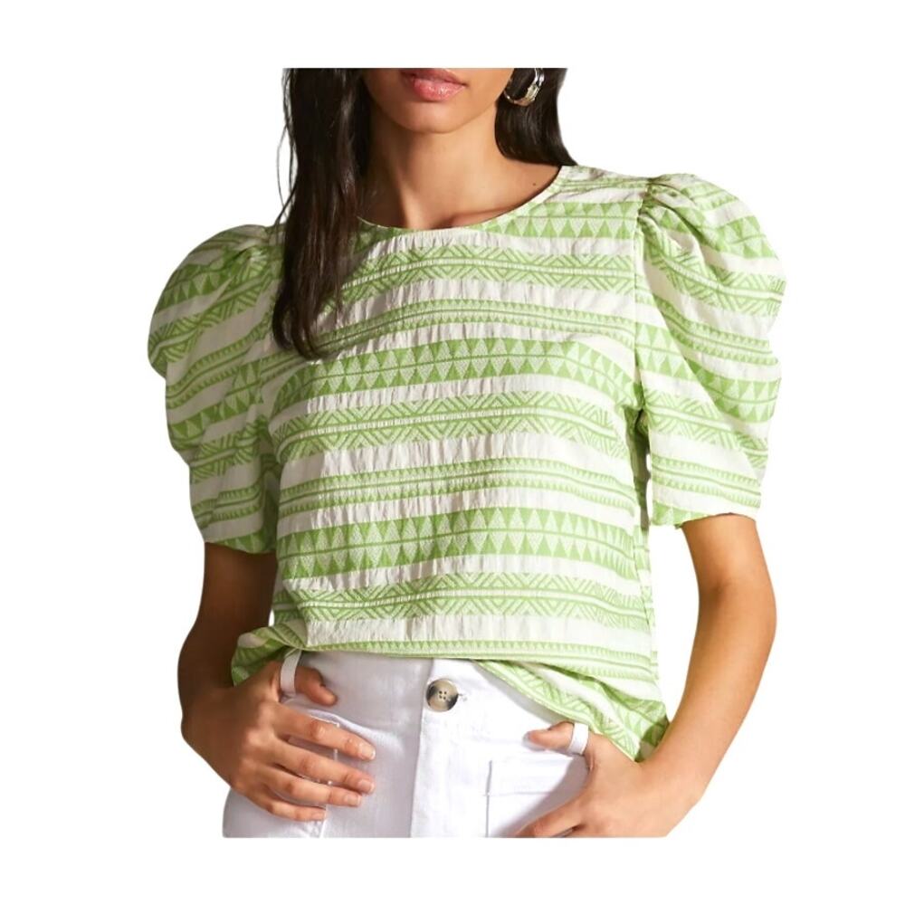 Anthropologie Amadi White Green Striped 100% Cotton Puff-Sleeve Casual Blouse